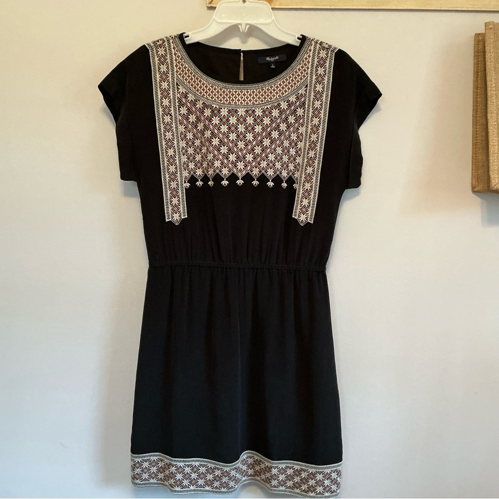 Madewell Starflower Embroidered Washed-Silk Black Mini Dress, Size 2